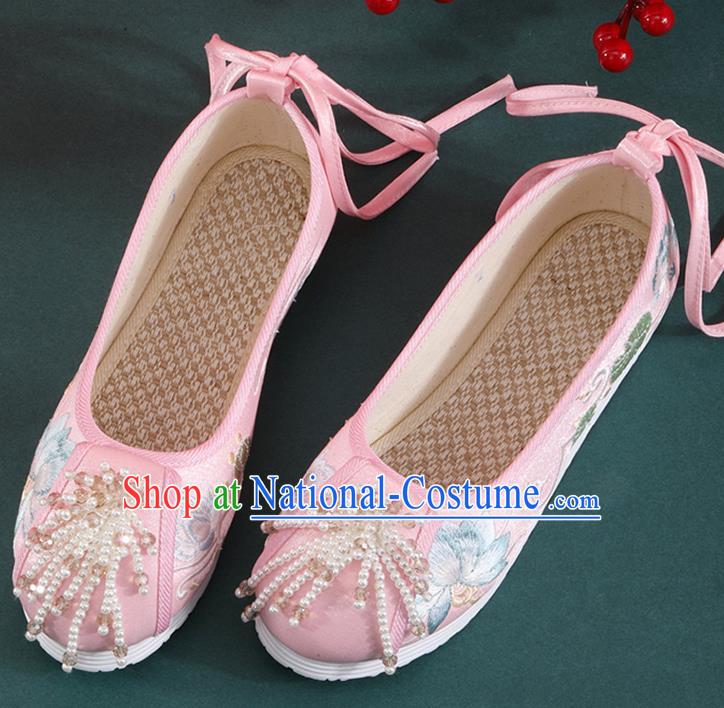 Chinese Traditional Beads Tassel Shoes Classical Dance Pink Cloth Shoes National Embroidered Lotus Shoes