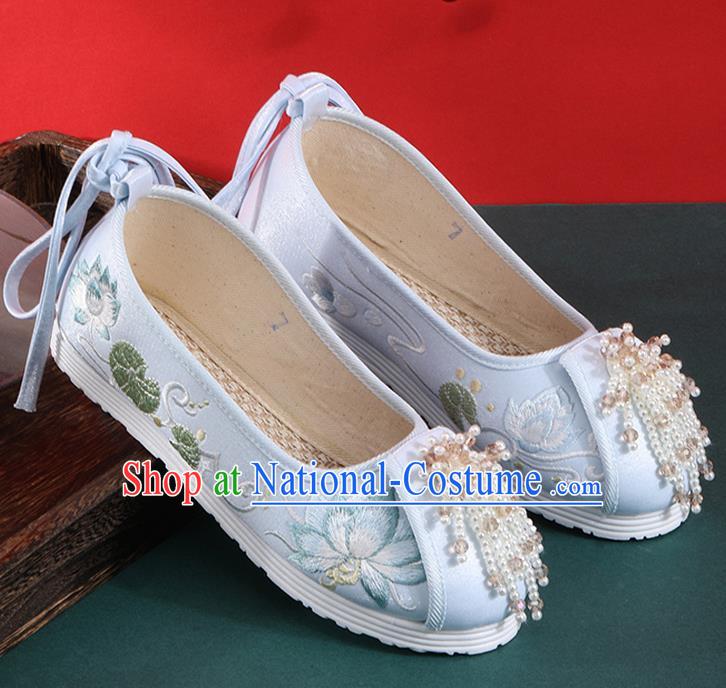 Chinese National Embroidered Lotus Shoes Traditional Beads Tassel Shoes Classical Dance Blue Cloth Shoes