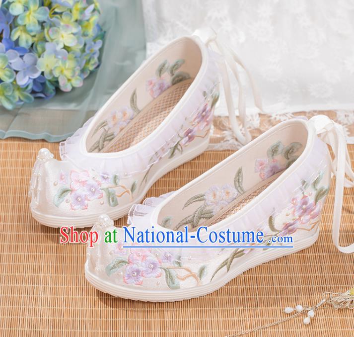 Chinese National Embroidery Flowers White Satin Shoes Traditional Pearls Bow Shoes Classical Wedge Heel Shoes