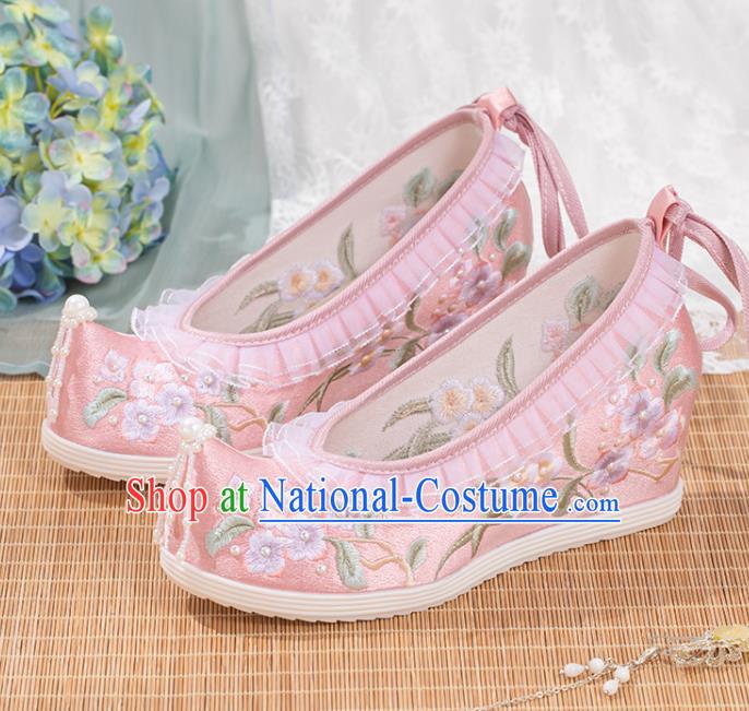 Chinese Traditional Pink Satin Pearls Shoes Classical Wedge Heel Shoes National Embroidery Flowers Shoes