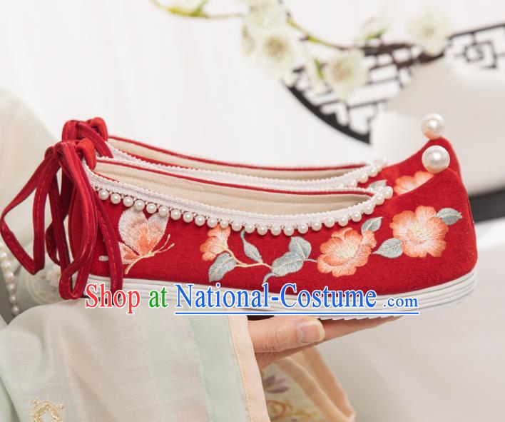 China Ancient Princess Embroidery Shoes Traditional Wedding Hanfu Shoes Ming Dynasty Red Cloth Bow Shoes