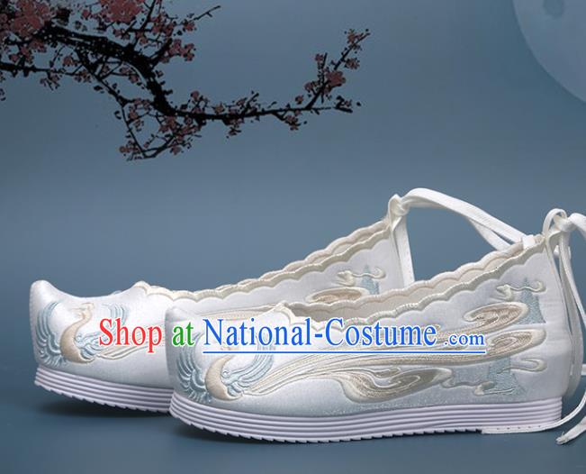 Chinese Classical Dance White Satin Shoes National Embroidery Phoenix Shoes Traditional Hanfu Shoes