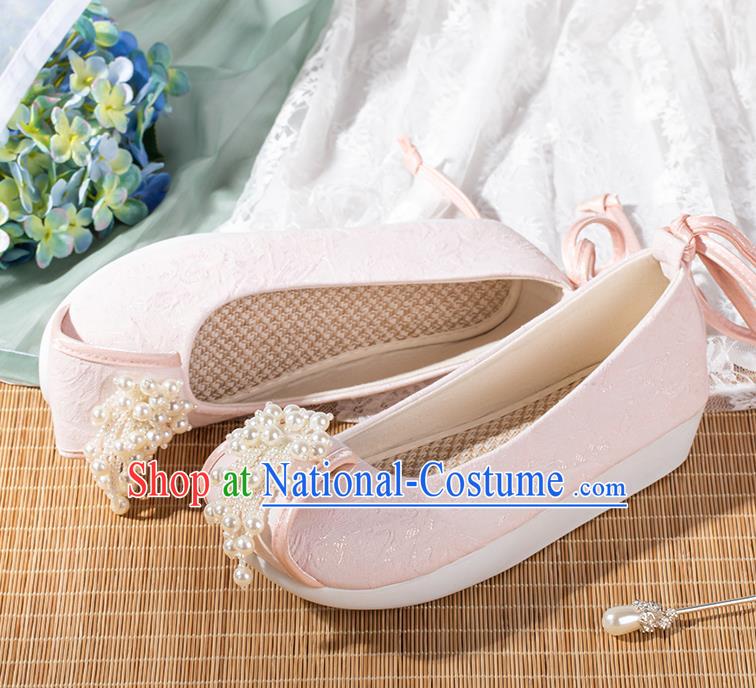 China Traditional Tang Dynasty Pink Cloth Shoes Ancient Princess Shoes Hanfu Pearls Toe Shoes