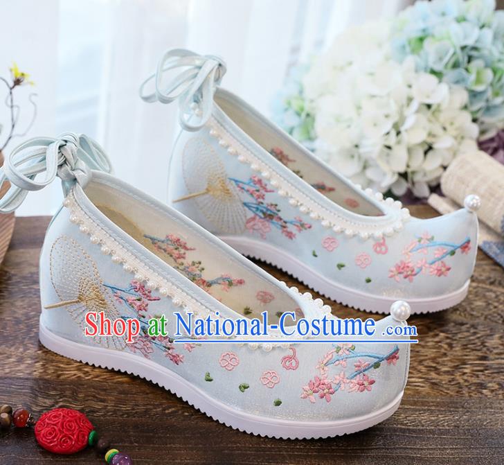 Chinese Traditional Woman Shoes National Wedge Heel Shoes Embroidery Blue Cloth Shoes