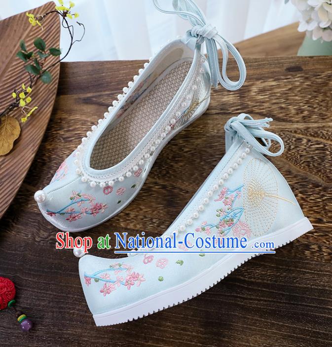 Chinese Traditional Woman Shoes National Wedge Heel Shoes Embroidery Blue Cloth Shoes