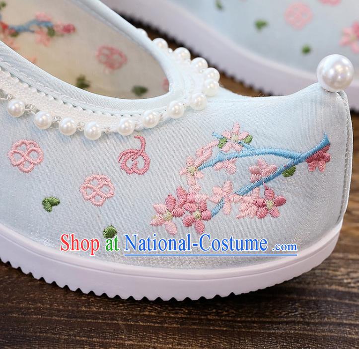 Chinese Traditional Woman Shoes National Wedge Heel Shoes Embroidery Blue Cloth Shoes