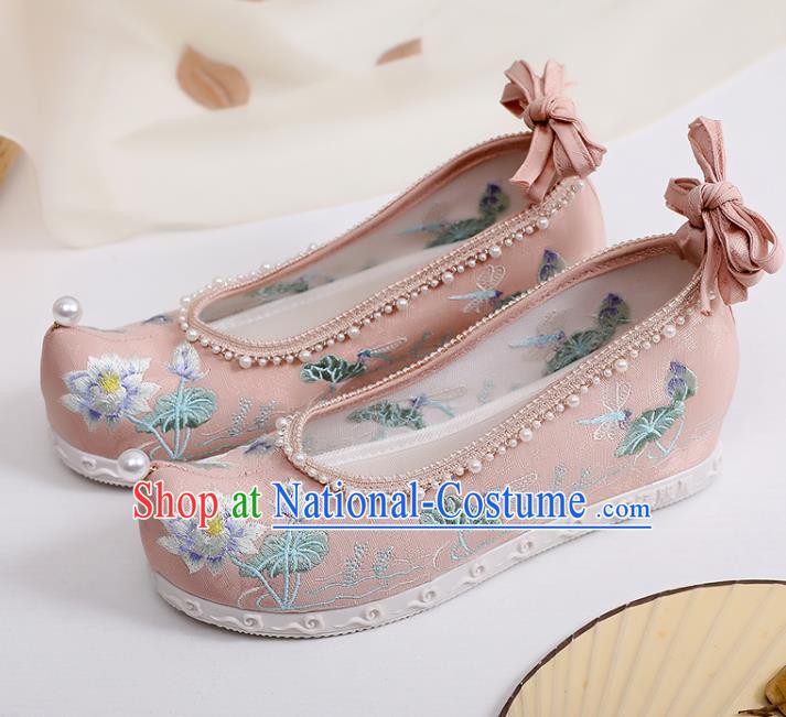 Chinese Traditional Woman Pink Cloth Shoes National Dance Shoes Classical Embroidery Lotus Shoes