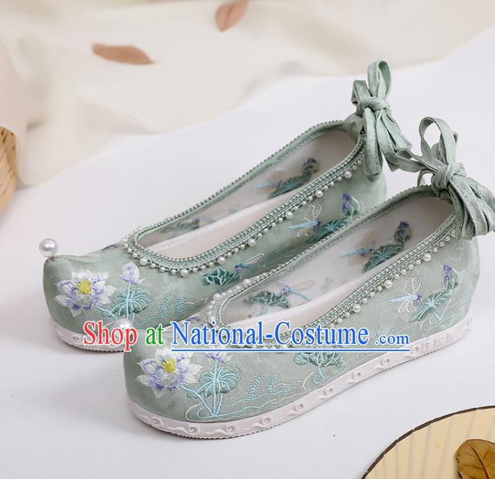 Chinese Embroidery Lotus Shoes Traditional Woman Green Cloth Shoes Classical Dance Shoes