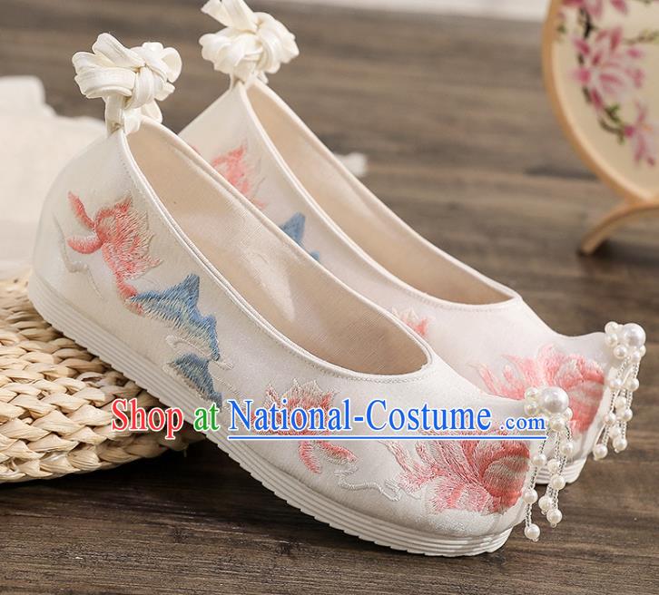 China Traditional Hanfu Beads Toe Shoes Ancient Ming Dynasty Embroidered Shoes Princess Shoes