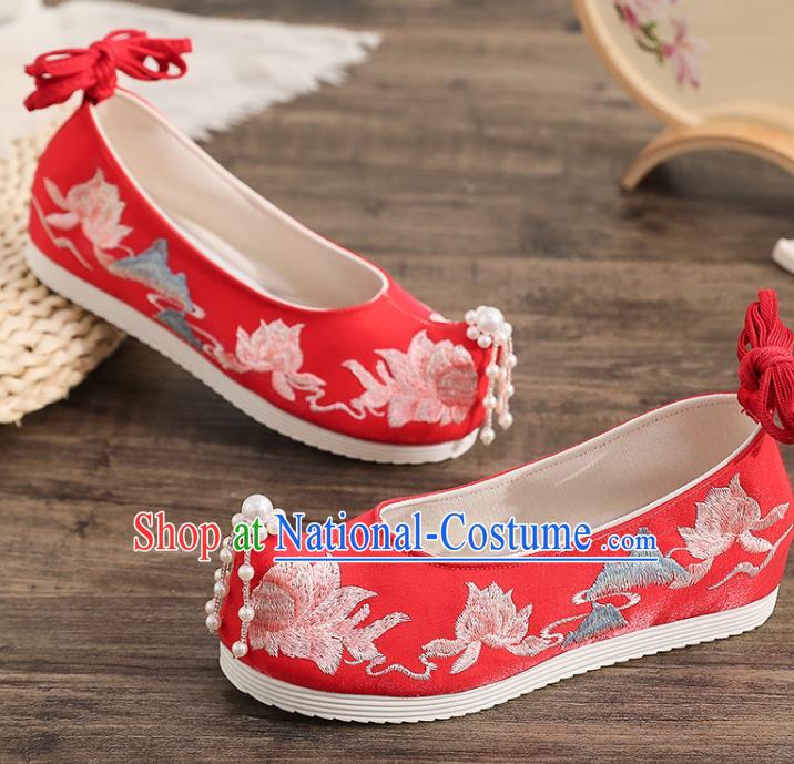 China Wedding Red Cloth Shoes Ancient Princess Shoes Traditional Hanfu Beads Toe Shoes Ming Dynasty Embroidered Shoes