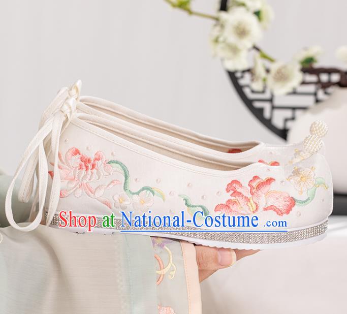 China Handmade White Cloth Shoes Ancient Princess Embroidered Shoes Traditional Hanfu Shoes Ming Dynasty Bow Shoes