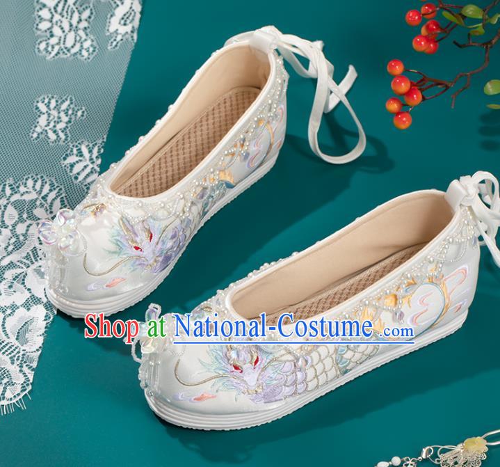 China Ming Dynasty Beads Tassel Shoes Handmade White Cloth Shoes Ancient Princess Embroidered Shoes Traditional Hanfu Shoes