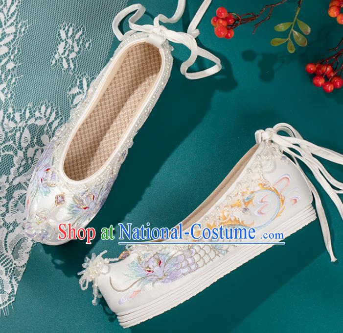 China Ming Dynasty Beads Tassel Shoes Handmade White Cloth Shoes Ancient Princess Embroidered Shoes Traditional Hanfu Shoes