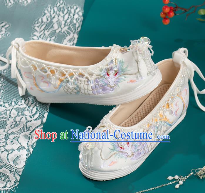 China Ming Dynasty Beads Tassel Shoes Handmade White Cloth Shoes Ancient Princess Embroidered Shoes Traditional Hanfu Shoes