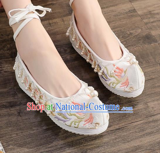 China Traditional Hanfu Pearls Tassel Shoes Handmade Ming Dynasty Bow Shoes Ancient Princess Embroidered Phoenix Shoes