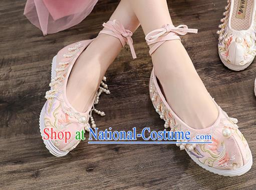 China Ancient Princess Pink Embroidered Phoenix Shoes Traditional Hanfu Pearls Tassel Shoes Handmade Ming Dynasty Bow Shoes