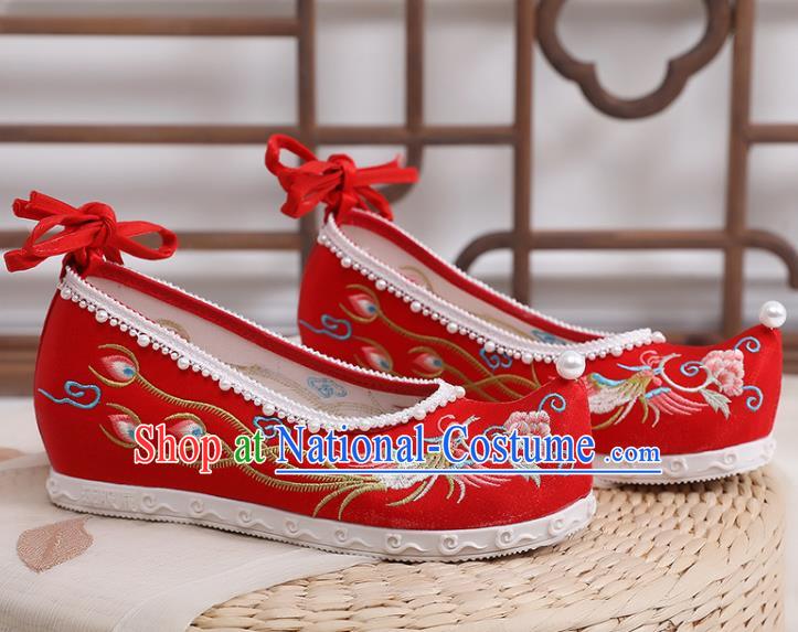 Chinese National Embroidery Phoenix Peony Shoes Traditional Wedding Red Cloth Shoes Classical Bride Pearls Shoes