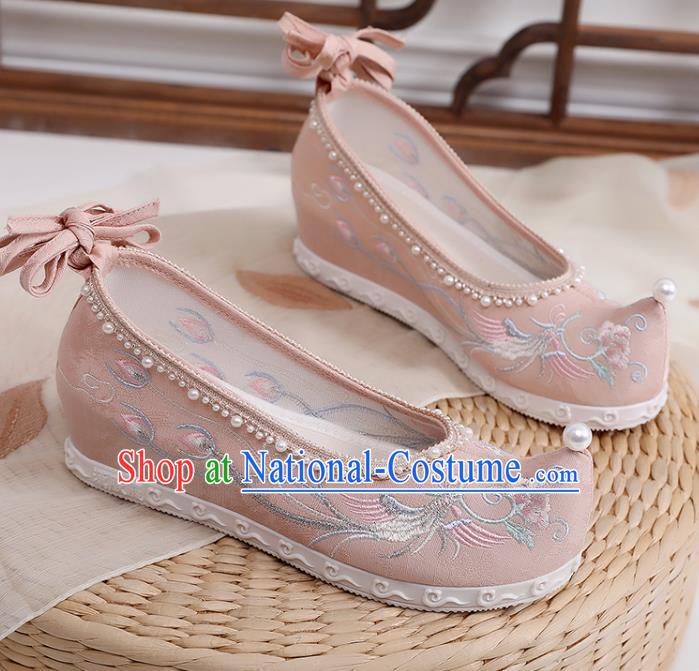 Chinese Classical Pearls Shoes National Embroidery Phoenix Peony Shoes Traditional Pink Cloth Shoes