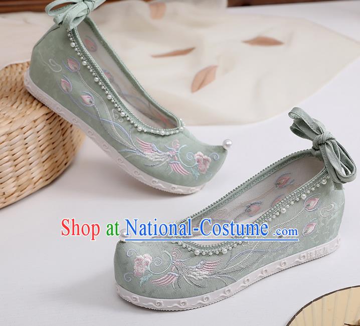 Chinese Traditional Embroidery Phoenix Peony Shoes Classical Dance Pearls Shoes National Green Cloth Shoes