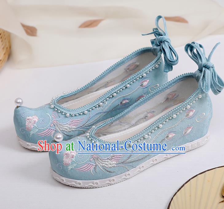 Chinese National Blue Cloth Shoes Traditional Embroidery Phoenix Peony Shoes Classical Dance Pearls Shoes