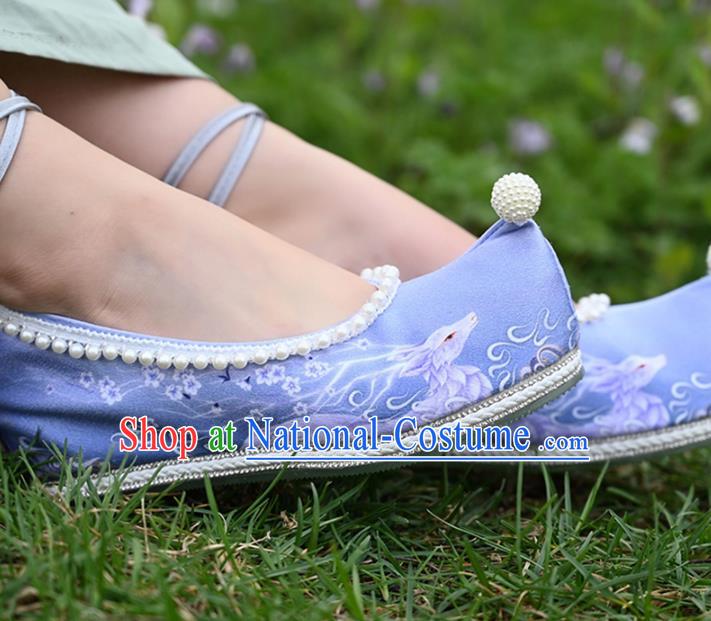 China Handmade Ming Dynasty Bow Shoes Ancient Princess Shoes Traditional Hanfu Blue Cloth Shoes