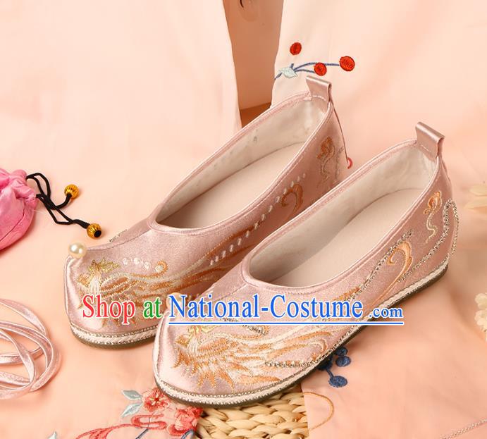 China Ancient Princess Shoes Embroidered Pink Satin Shoes Traditional Hanfu Shoes Handmade Ming Dynasty Pearl Shoes