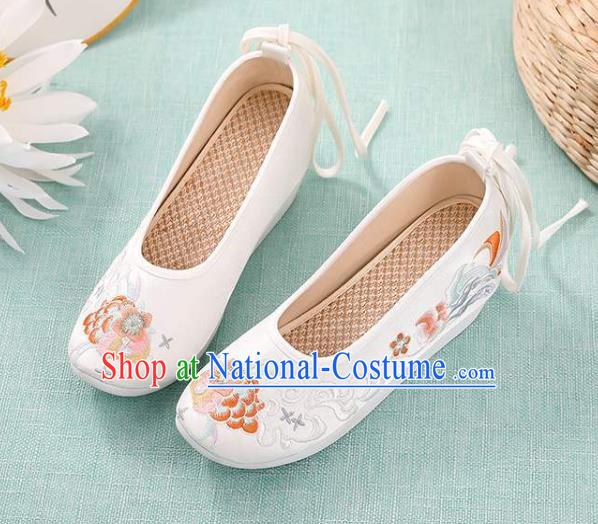 Chinese Traditional Beijing White Cloth Shoes Embroidery Peony Shoes National Woman Footwear