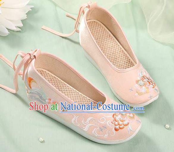 Chinese National Woman Footwear Traditional Beijing Pink Cloth Shoes Embroidery Peony Shoes