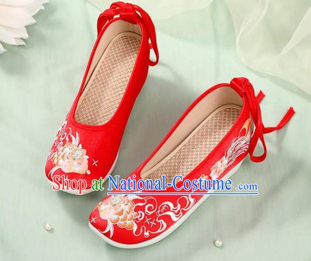 Chinese Wedding Embroidery Peony Shoes National Woman Footwear Traditional Beijing Bride Red Cloth Shoes