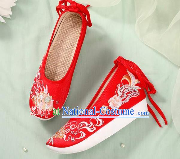 Chinese Wedding Embroidery Peony Shoes National Woman Footwear Traditional Beijing Bride Red Cloth Shoes