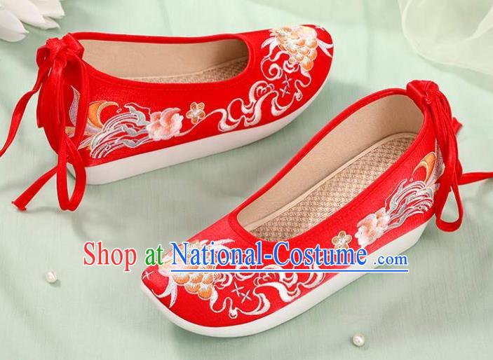 Chinese Wedding Embroidery Peony Shoes National Woman Footwear Traditional Beijing Bride Red Cloth Shoes