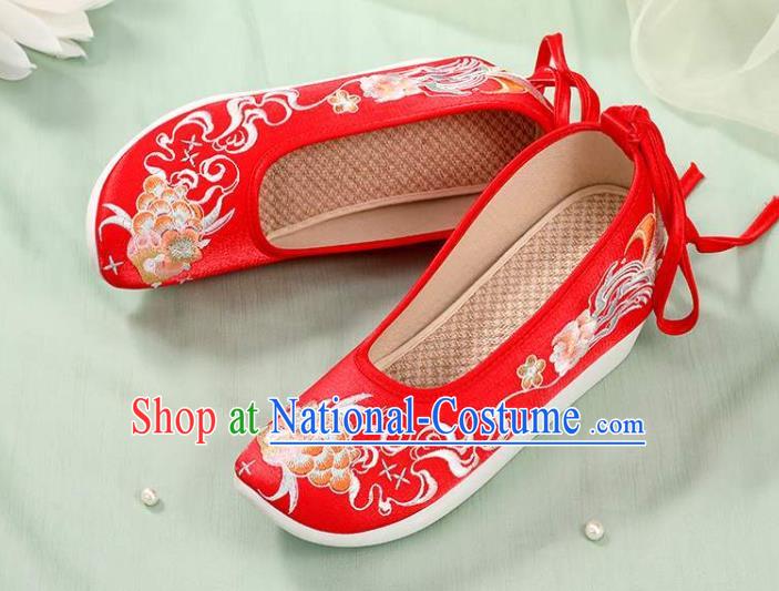 Chinese Wedding Embroidery Peony Shoes National Woman Footwear Traditional Beijing Bride Red Cloth Shoes