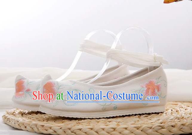 China Traditional Ming Dynasty Bow Shoes Ancient Princess Shoes Embroidered White Cloth Shoes