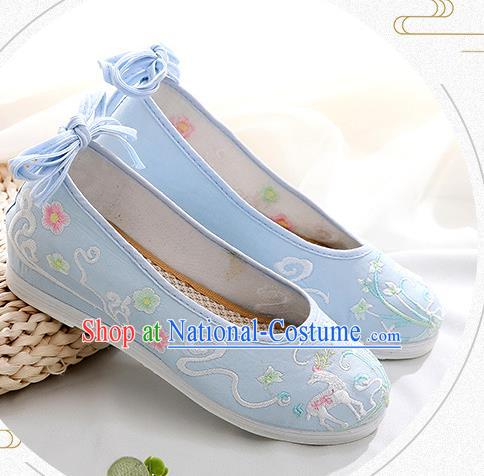 Chinese National Embroidered Blue Cloth Shoes Traditional Hanfu Shoes Classical Dance Shoes