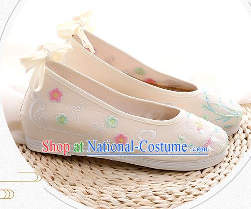 Chinese Traditional Folk Dance Shoes National Female Shoes Embroidered Beige Cloth Shoes