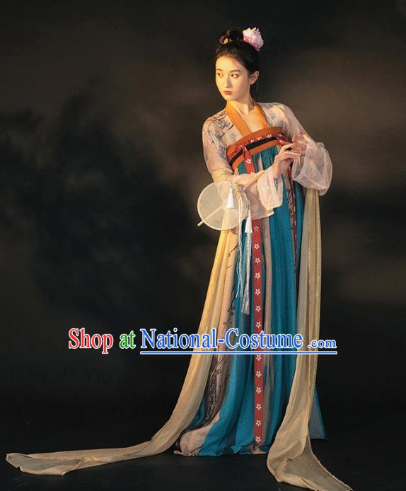 Traditional China Tang Dynasty Royal Princess Historical Clothing Ancient Noble Infanta Blue Hanfu Dress Garment