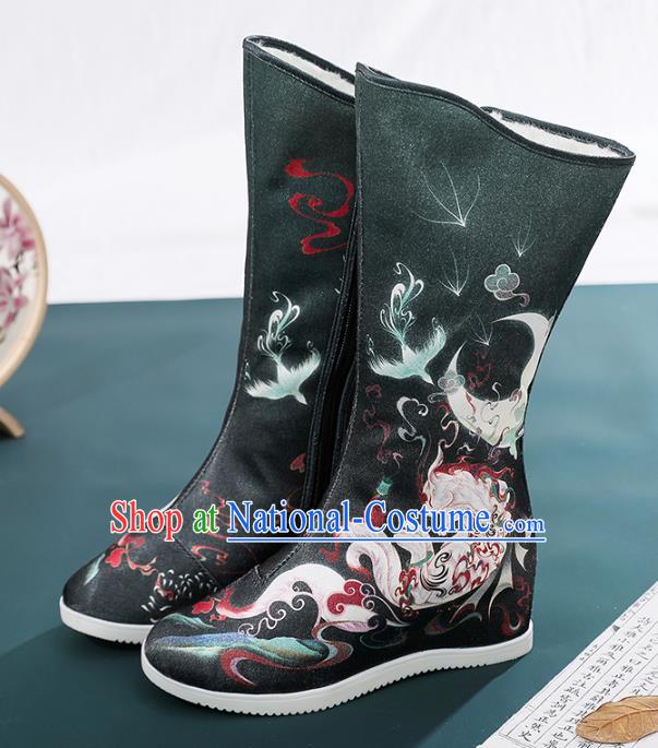 Chinese Ancient Swordswoman Black Boots Traditional Hanfu Footwear Embroidery Shoes