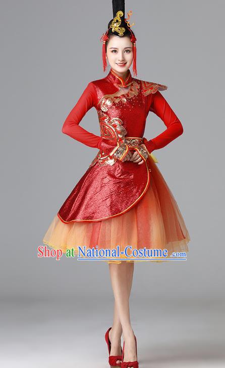 Chinese Modern Dance Garment Costume Spring Festival Gala Opening Dance Red Short Dress Drum Dance Clothing