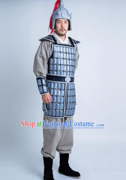 China Ancient Warrior Armor Clothing and Hat Traditional Han Dynasty Soldier Garment Costumes