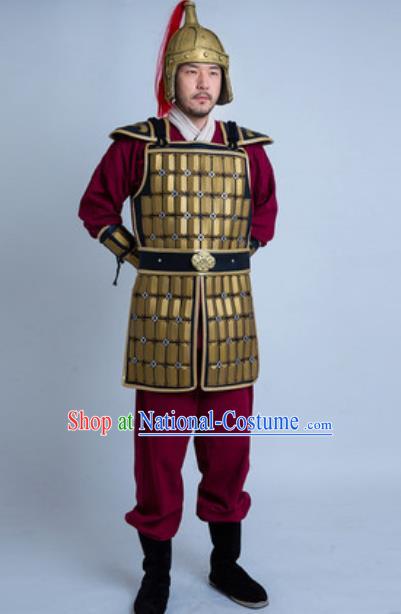 China Traditional Han Dynasty Warrior Garment Costumes Ancient General Golden Armor Clothing and Headwear