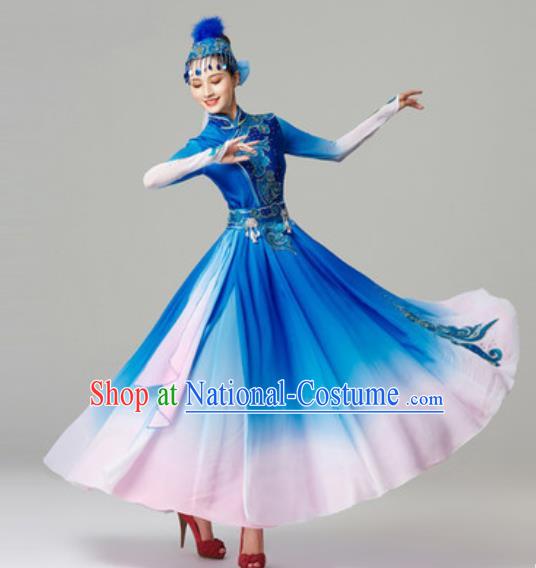 Chinese Mongolian Ethnic Stage Performance Garment Clothing Mongol Nationality Folk Dance Blue Dress Outfits