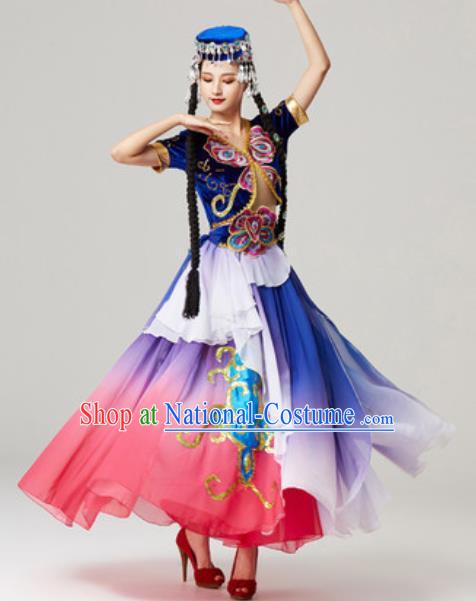 Chinese Xinjiang Ethnic Stage Performance Garment Clothing Uygur Nationality Dance Deep Blue Dress Outfits