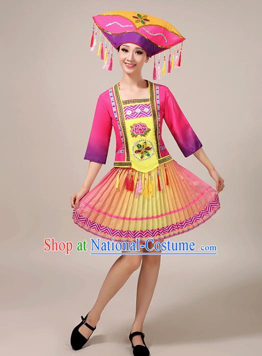 Chinese Zhuang Ethnic Folk Dance Garment Clothing Guangxi Nationality Stage Performance Rosy Short Dress Outfits