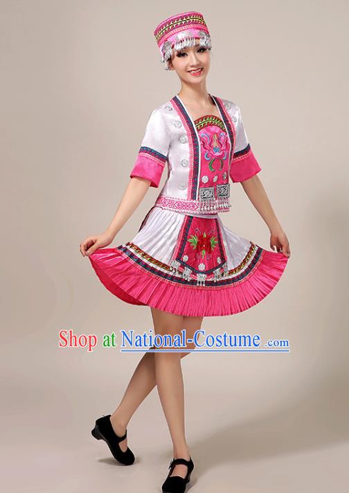 Chinese Guizhou Nationality Performance Short Dress Yao Minority Dance White Outfits Tujia Ethnic Folk Dance Garment Clothing