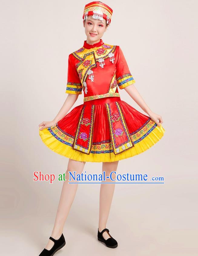 Chinese Yi Nationality Folk Dance Short Dress Yao Minority Red Outfits Yunnan Ethnic Performance Garment Clothing