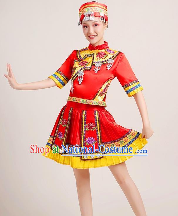 Chinese Yi Nationality Folk Dance Short Dress Yao Minority Red Outfits Yunnan Ethnic Performance Garment Clothing