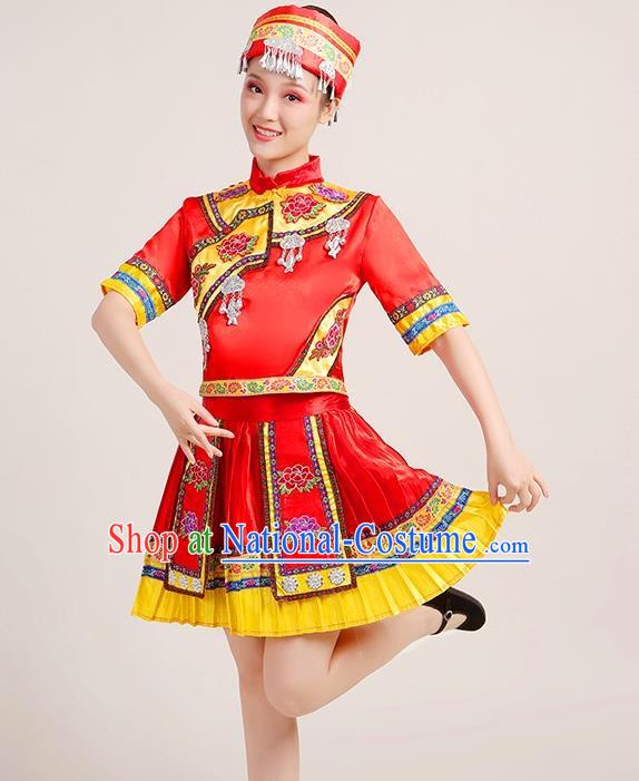 Chinese Yi Nationality Folk Dance Short Dress Yao Minority Red Outfits Yunnan Ethnic Performance Garment Clothing