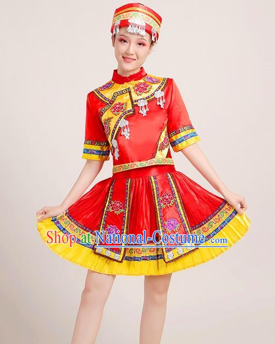 Chinese Yi Nationality Folk Dance Short Dress Yao Minority Red Outfits Yunnan Ethnic Performance Garment Clothing