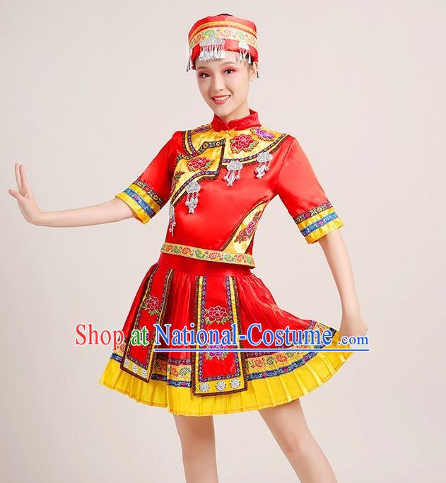 Chinese Yi Nationality Folk Dance Short Dress Yao Minority Red Outfits Yunnan Ethnic Performance Garment Clothing