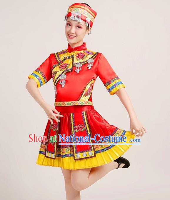 Chinese Yi Nationality Folk Dance Short Dress Yao Minority Red Outfits Yunnan Ethnic Performance Garment Clothing